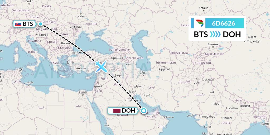 6D6626 Travel Service Slovakia Flight Map: Bratislava to Doha
