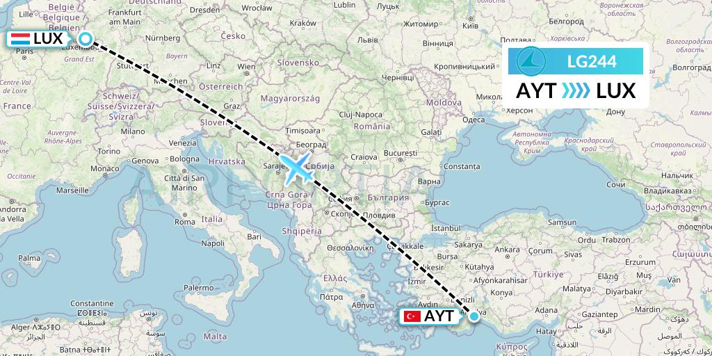 LG244 Luxair Flight Map: Antalya to Luxembourg