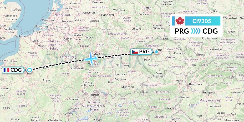 CI9305 China Airlines Flight Map: Prague to Paris