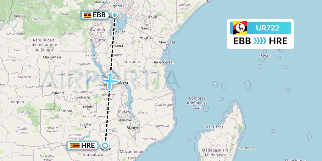 UR722 Uganda Airlines Flight Map: Entebbe to Harare