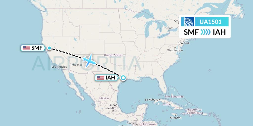 UA1501 United Airlines Flight Map: Sacramento to Houston