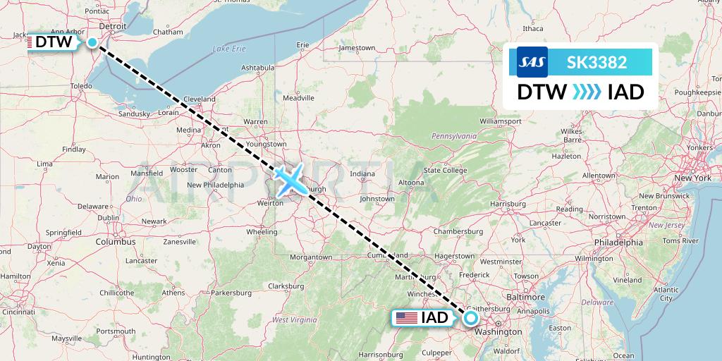 SK3382 SAS Flight Map: Detroit to Washington
