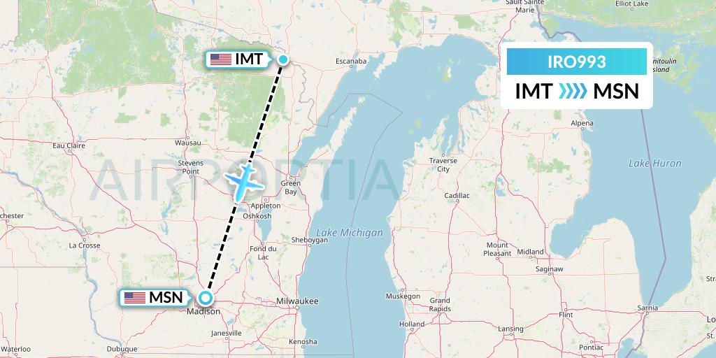 IRO993 CSA Air Flight Map: Iron Mountain Kingsford to Madison