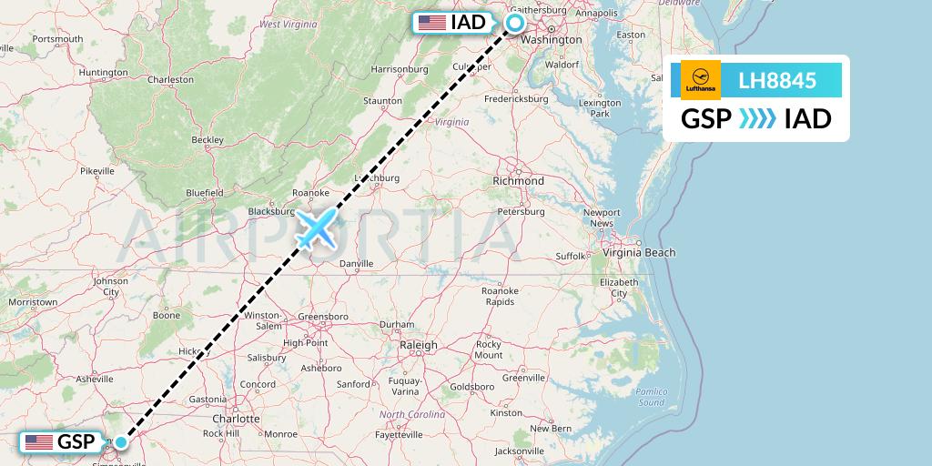 LH8845 Lufthansa Flight Map: Greenville-Spartanburg to Washington