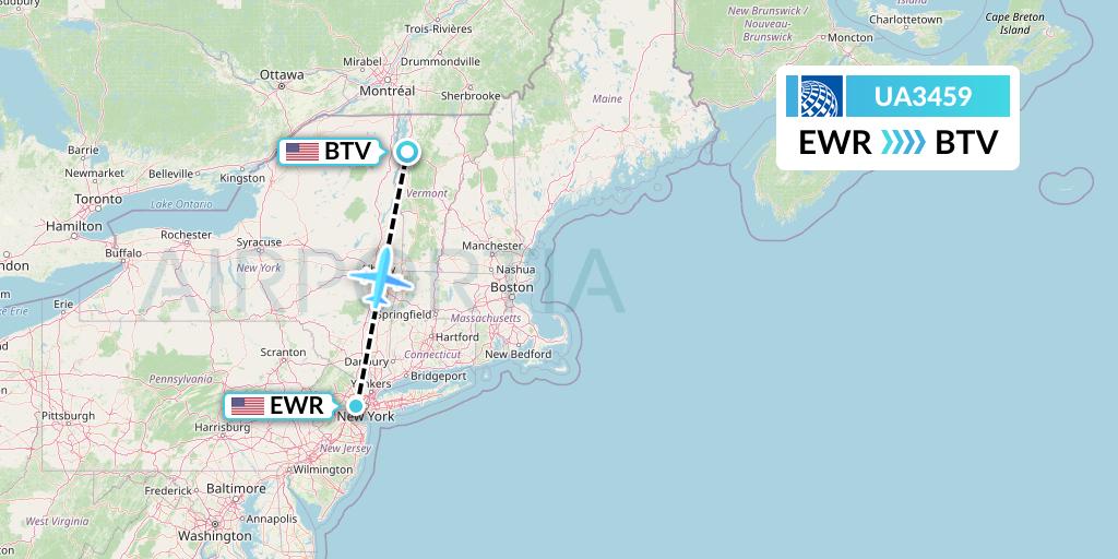 UA3459 United Airlines Flight Map: New York to Burlington