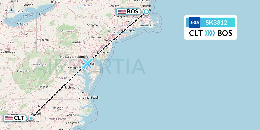 SK3312 SAS Flight Map: Charlotte to Boston