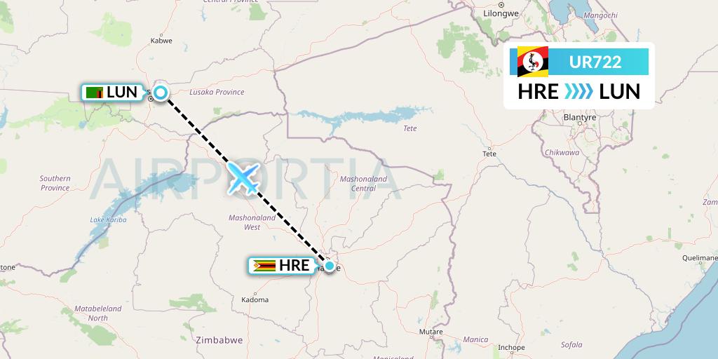 UR722 Uganda Airlines Flight Map: Harare to Lusaka