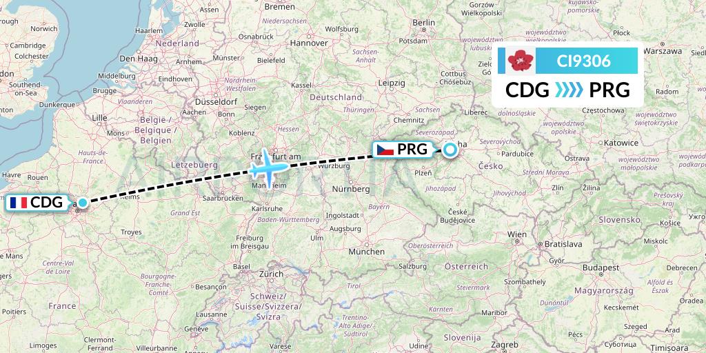 CI9306 China Airlines Flight Map: Paris to Prague