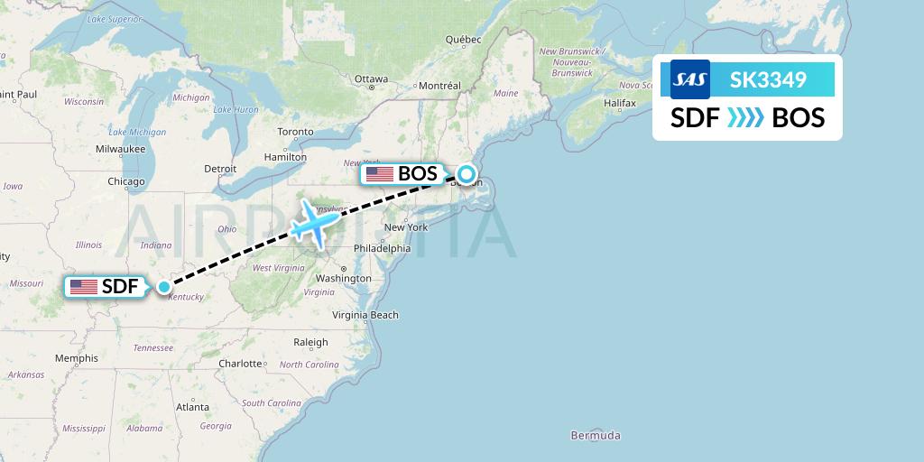 SK3349 SAS Flight Map: Louisville to Boston
