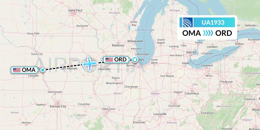 UA1933 United Airlines Flight Map: Omaha to Chicago