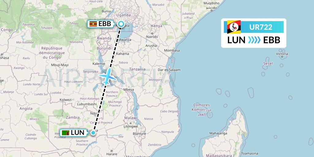 UR722 Uganda Airlines Flight Map: Lusaka to Entebbe