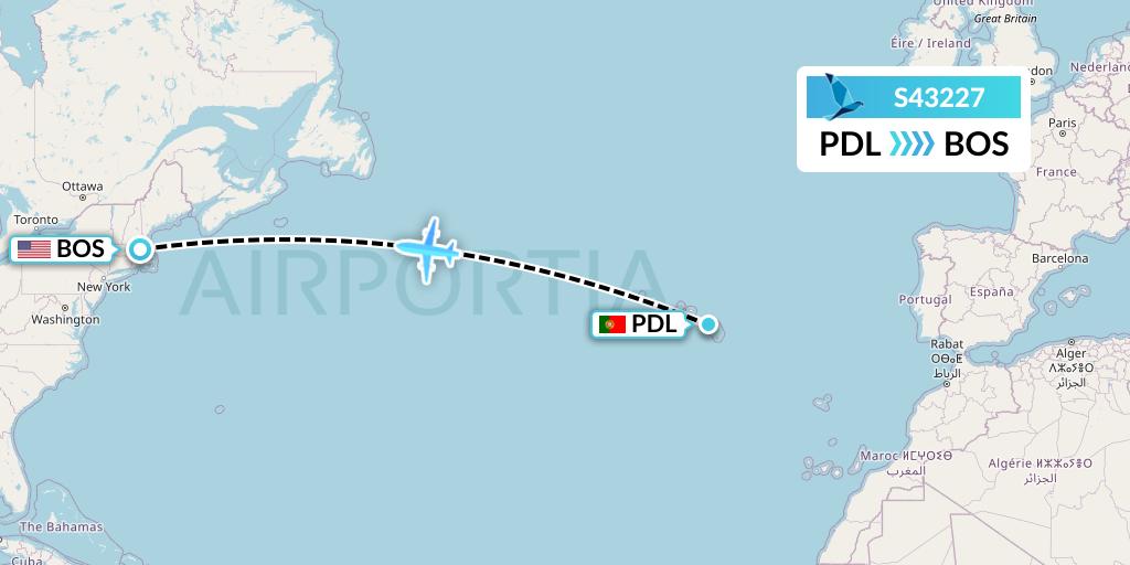 S43227 Azores Airlines Flight Map: Ponta Delgada to Boston