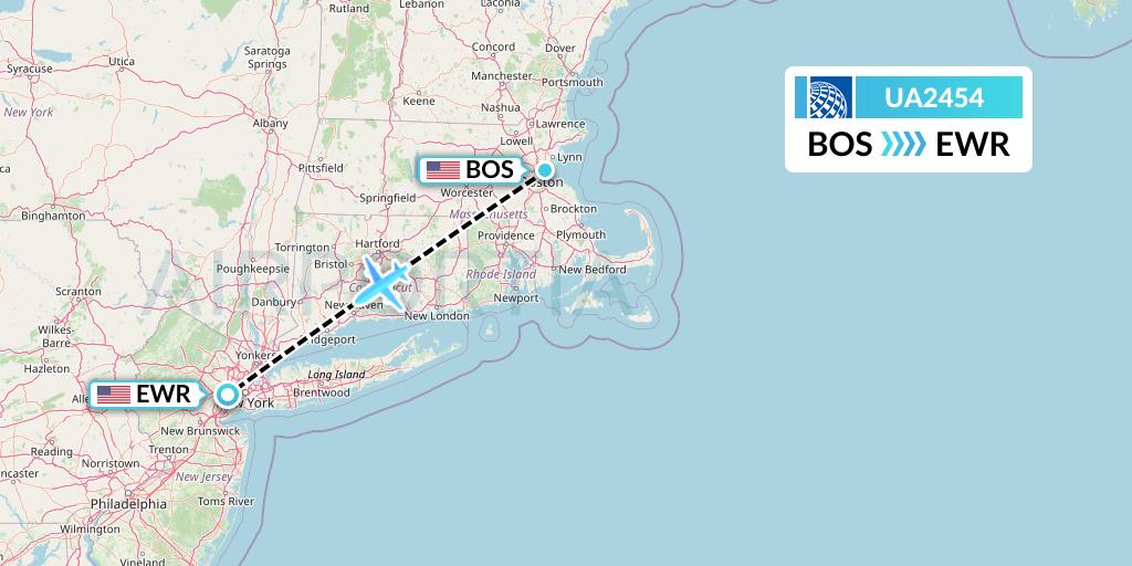 UA2454 United Airlines Flight Map: Boston to New York