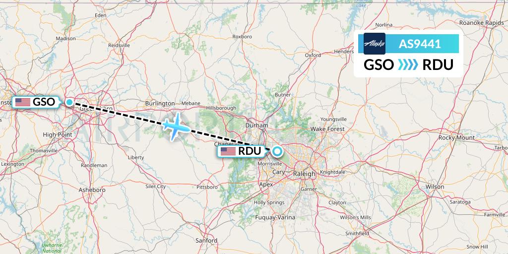 AS9441 Alaska Airlines Flight Map: Greensboro to Raleigh-Durham
