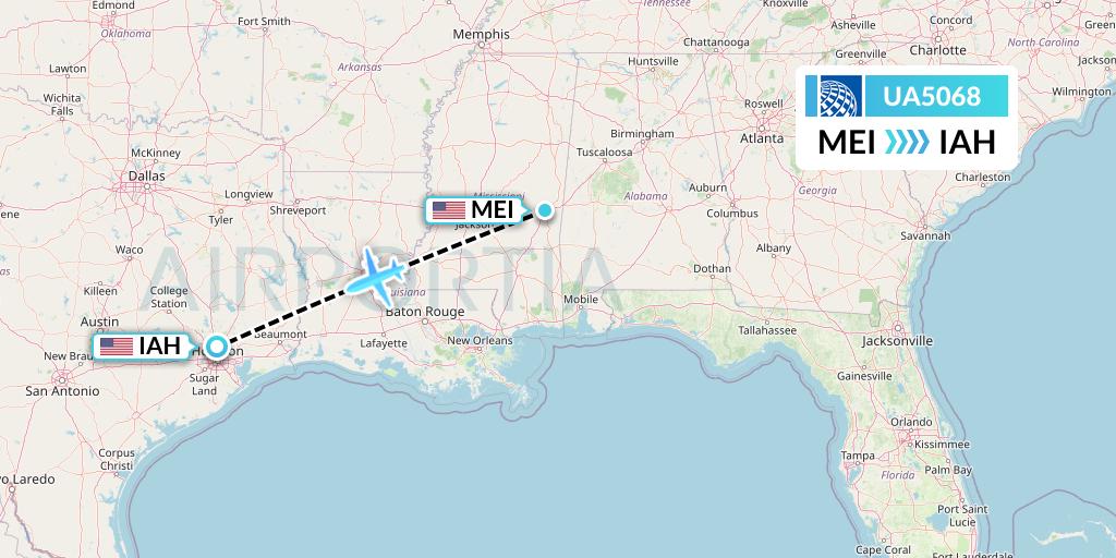 UA5068 United Airlines Flight Map: Meridian to Houston