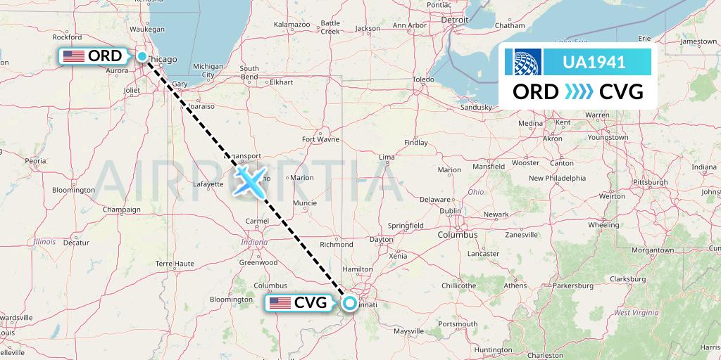 UA1941 United Airlines Flight Map: Chicago to Cincinnati