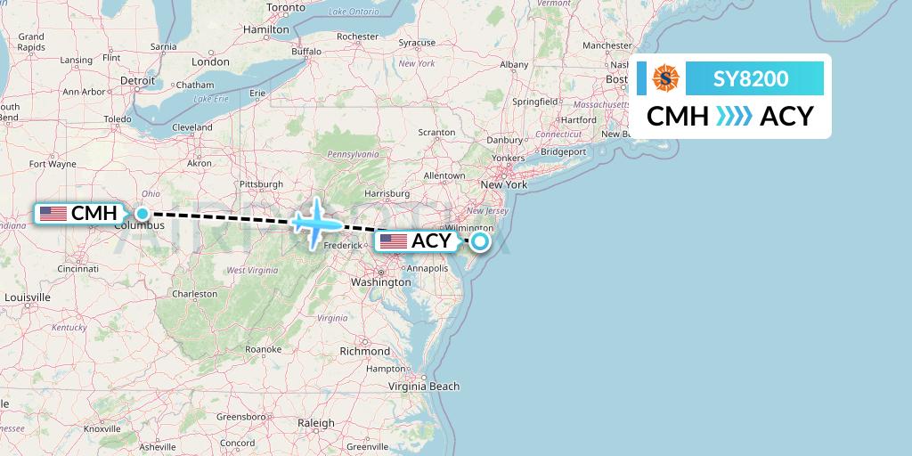SY8200 Sun Country Airlines Flight Map: Columbus to Atlantic City