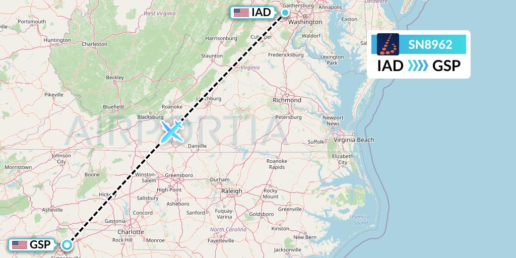 SN8962 Brussels Airlines Flight Map: Washington to Greenville-Spartanburg