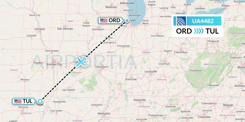 UA4482 United Airlines Flight Map: Chicago to Tulsa