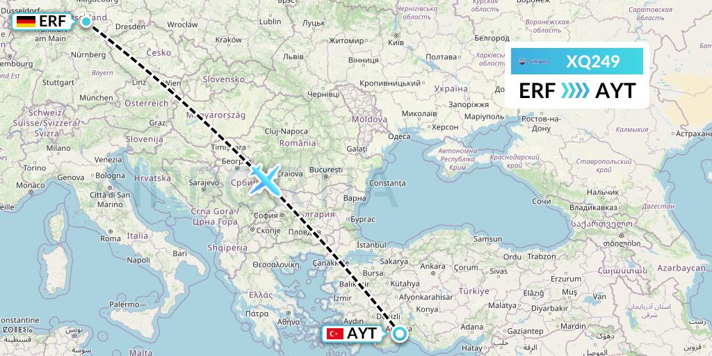 XQ249 SunExpress Flight Map: Erfurt to Antalya