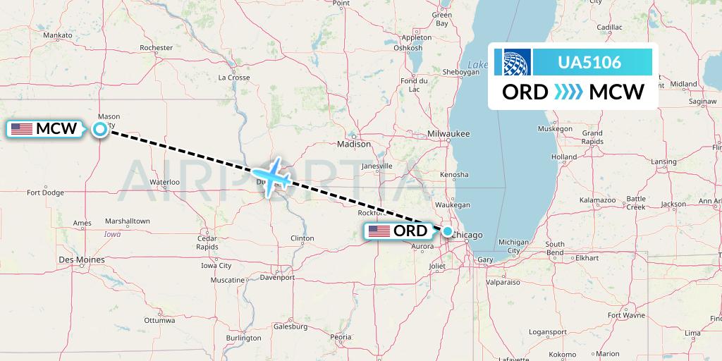 UA5106 United Airlines Flight Map: Chicago to Mason City