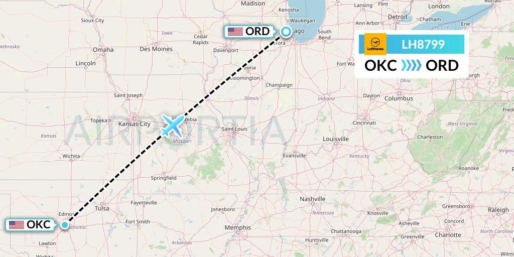 LH8799 Lufthansa Flight Map: Oklahoma City to Chicago