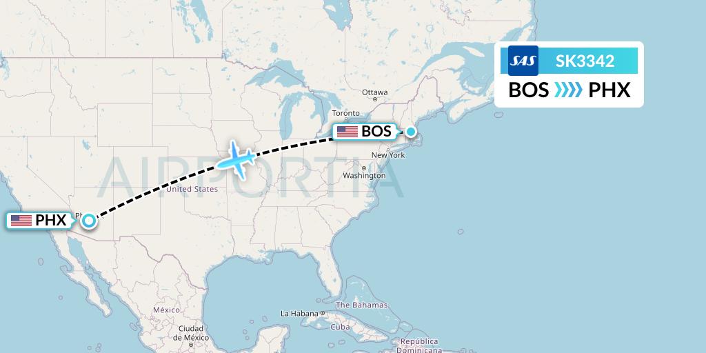 SK3342 SAS Flight Map: Boston to Phoenix