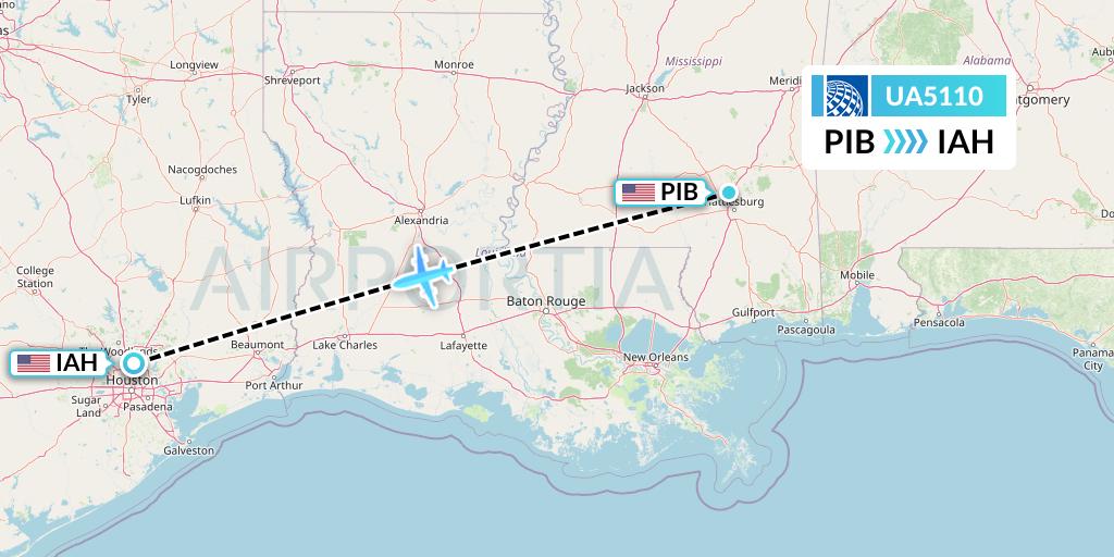 UA5110 United Airlines Flight Map: Hattiesburg to Houston