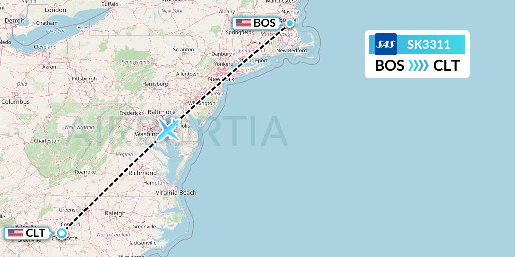 SK3311 SAS Flight Map: Boston to Charlotte