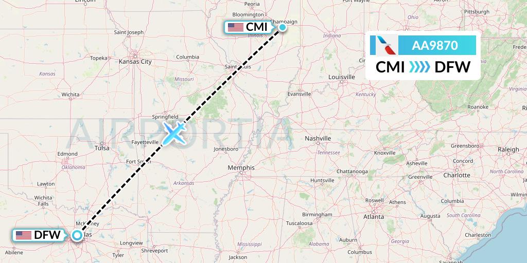 AA9870 American Airlines Flight Map: Champaign to Dallas