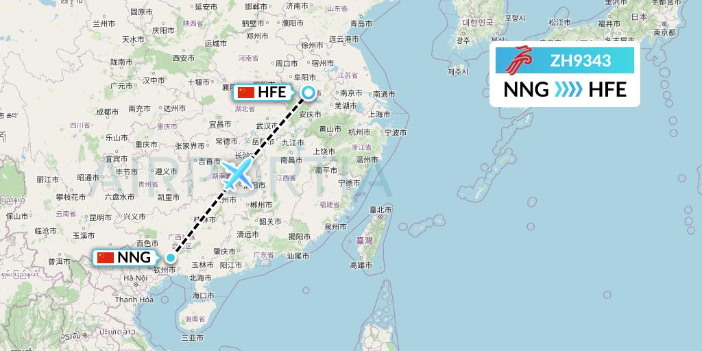 ZH9343 Shenzhen Airlines Flight Map: Nanning to Hefei