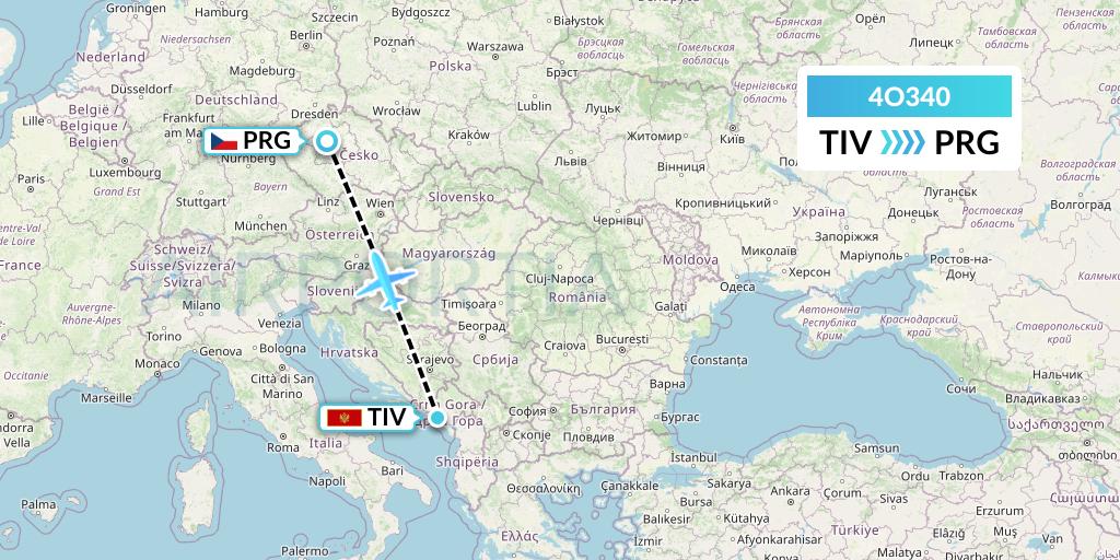 4O340 Air Montenegro Flight Map: Tivat to Prague