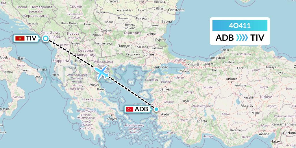 4O411 Air Montenegro Flight Map: Izmir to Tivat