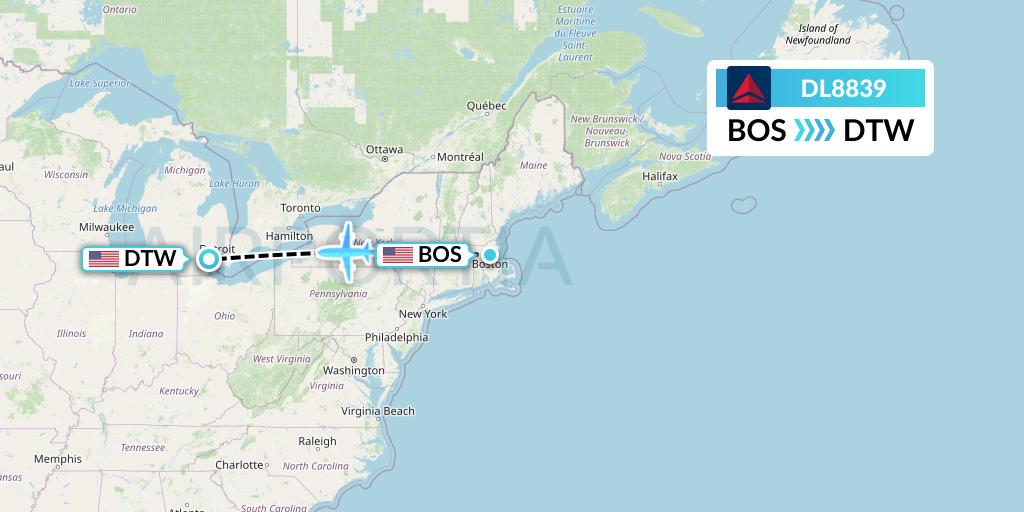 DL8839 Delta Air Lines Flight Map: Boston to Detroit