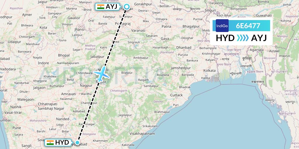 6E6477 IndiGo Airlines Flight Map: Hyderabad to Lucknow