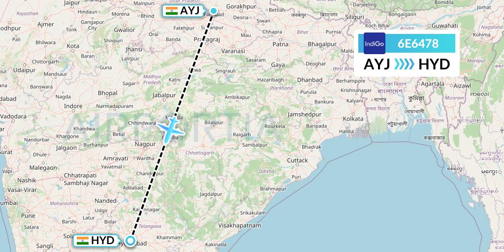 6E6478 IndiGo Airlines Flight Map: Lucknow to Hyderabad