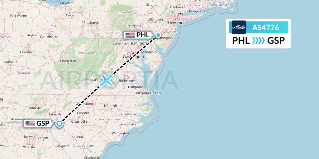 AS4776 Alaska Airlines Flight Map: Philadelphia to Greenville-Spartanburg