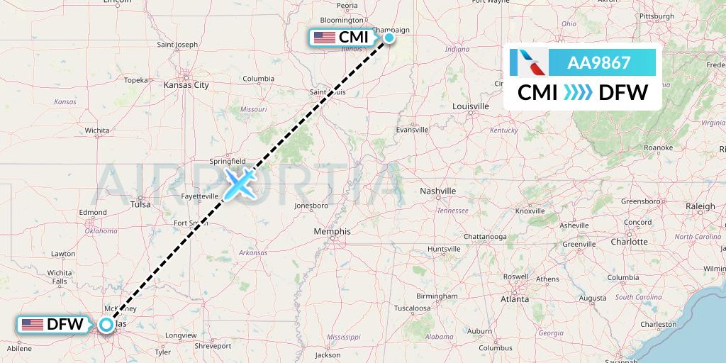AA9867 American Airlines Flight Map: Champaign to Dallas