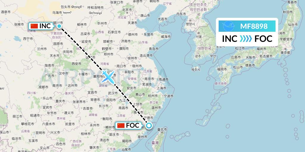 MF8898 Xiamen Airlines Flight Map: Yinchuan to Fuzhou