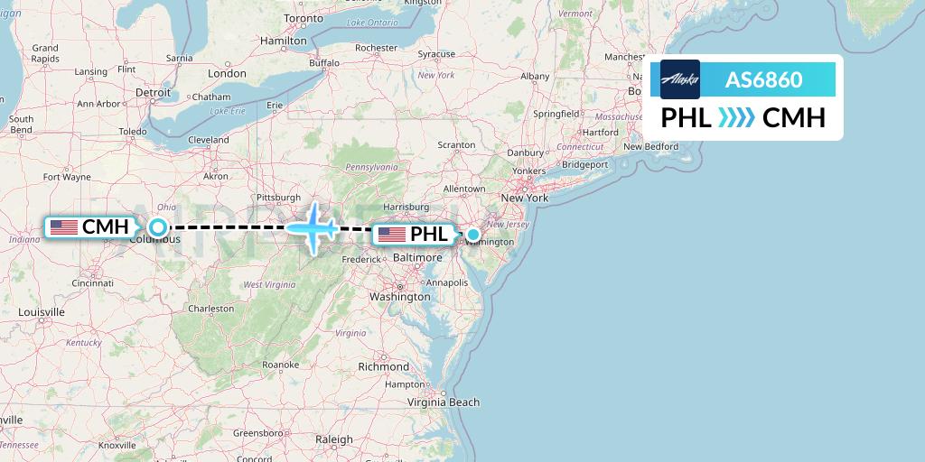 AS6860 Alaska Airlines Flight Map: Philadelphia to Columbus