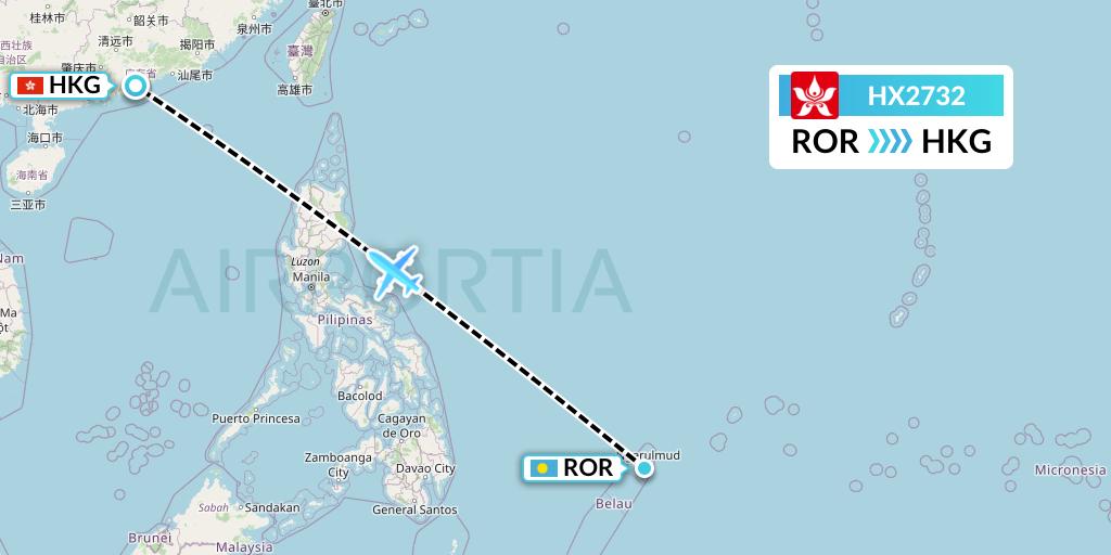 HX2732 Hong Kong Airlines Flight Map: Airai to Hong Kong