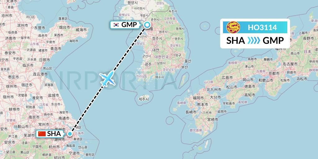 HO3114 Juneyao Airlines Flight Map: Shanghai to Seoul