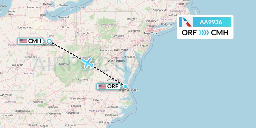 AA9936 American Airlines Flight Map: Norfolk to Columbus