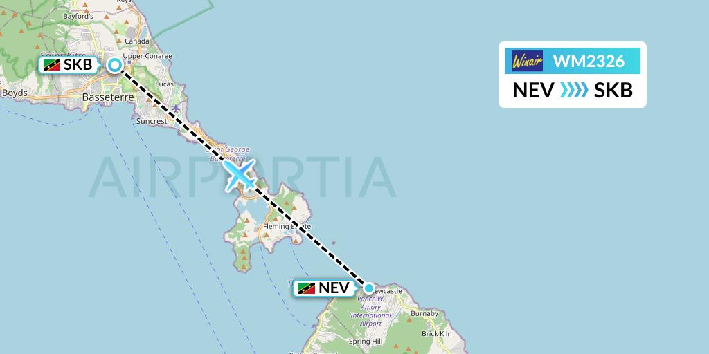 WM2326 Winair Flight Map: Nevis to Basseterre