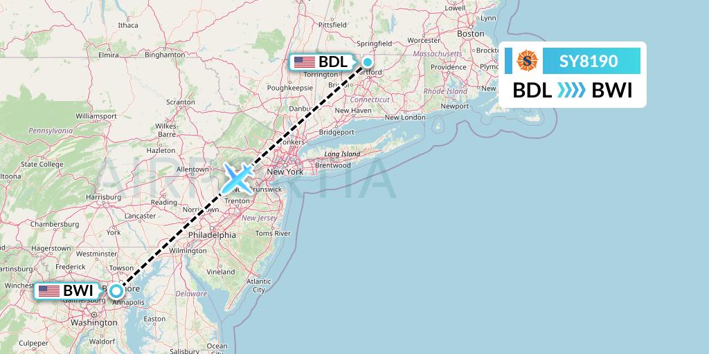 SY8190 Sun Country Airlines Flight Map: Windsor Locks to Baltimore