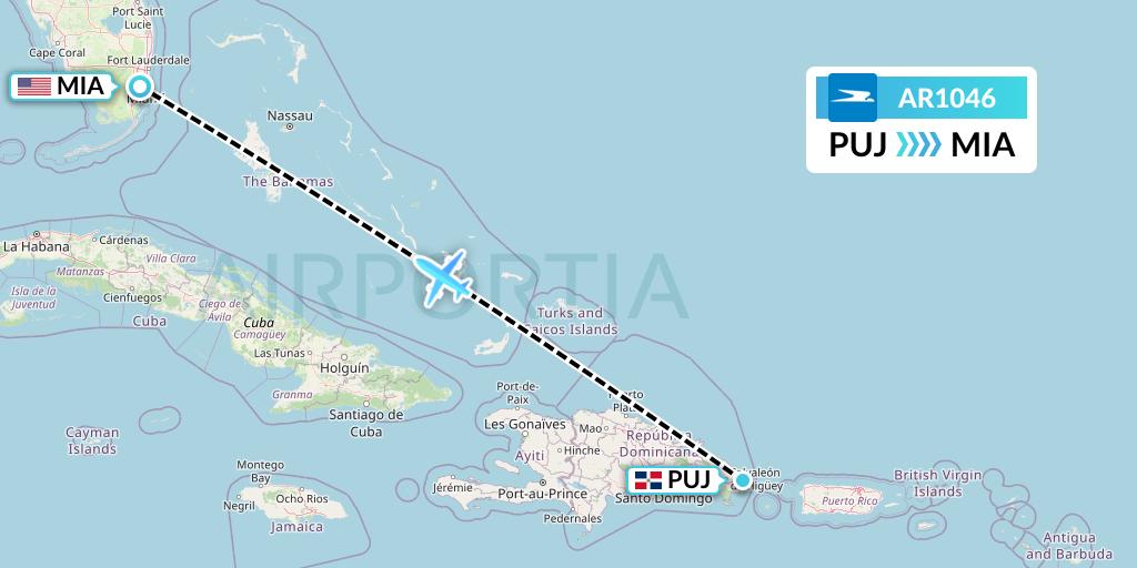 AR1046 Aerolineas Argentinas Flight Map: Punta Cana to Miami