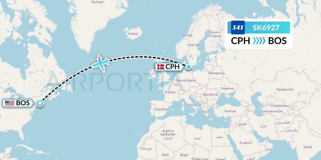 SK6927 SAS Flight Map: Copenhagen to Boston