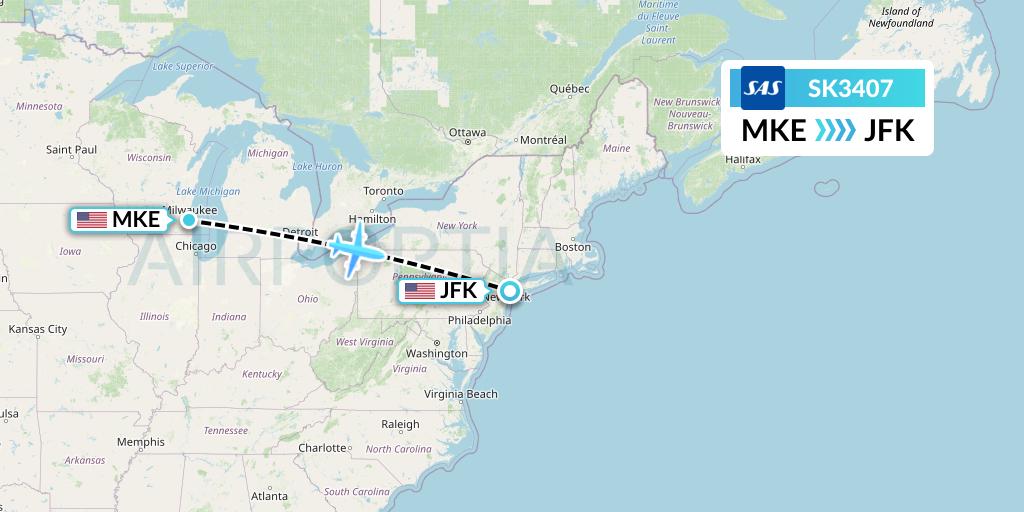 SK3407 SAS Flight Map: Milwaukee to New York