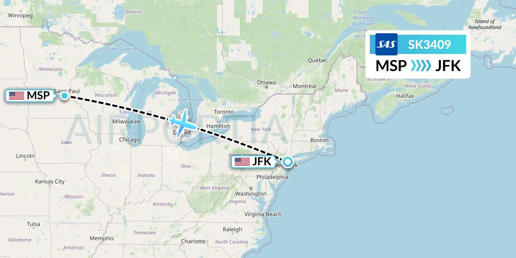 SK3409 SAS Flight Map: Minneapolis to New York