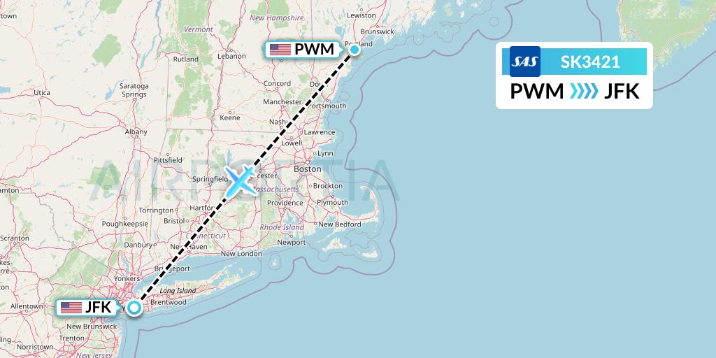 SK3421 SAS Flight Map: Portland to New York